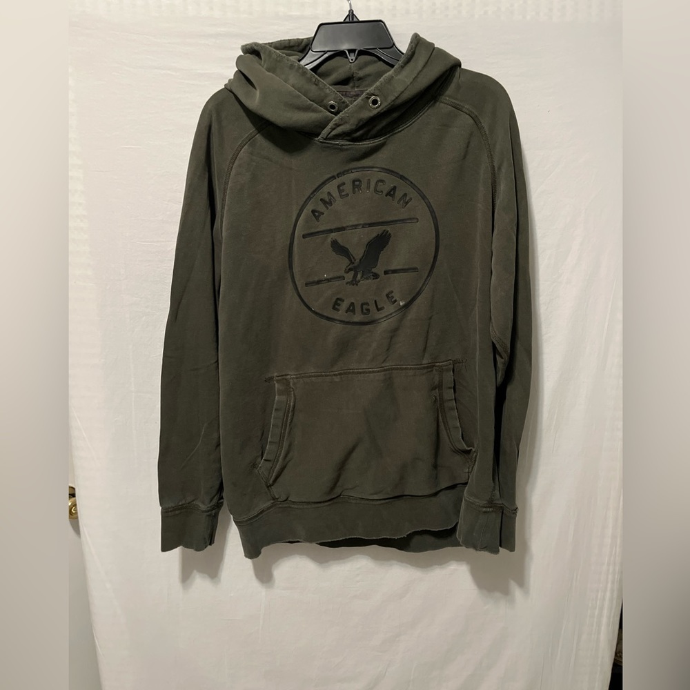 VTG American Eagle AE Olive Green Hoodie Pullover Sz L Paint‎ Stained sweatshirt